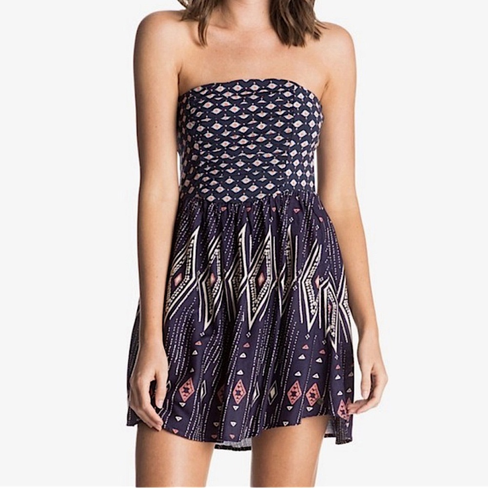 Roxy Geometric Aztec Mixed Print Shirred Bodice Strapless Mini Dresz